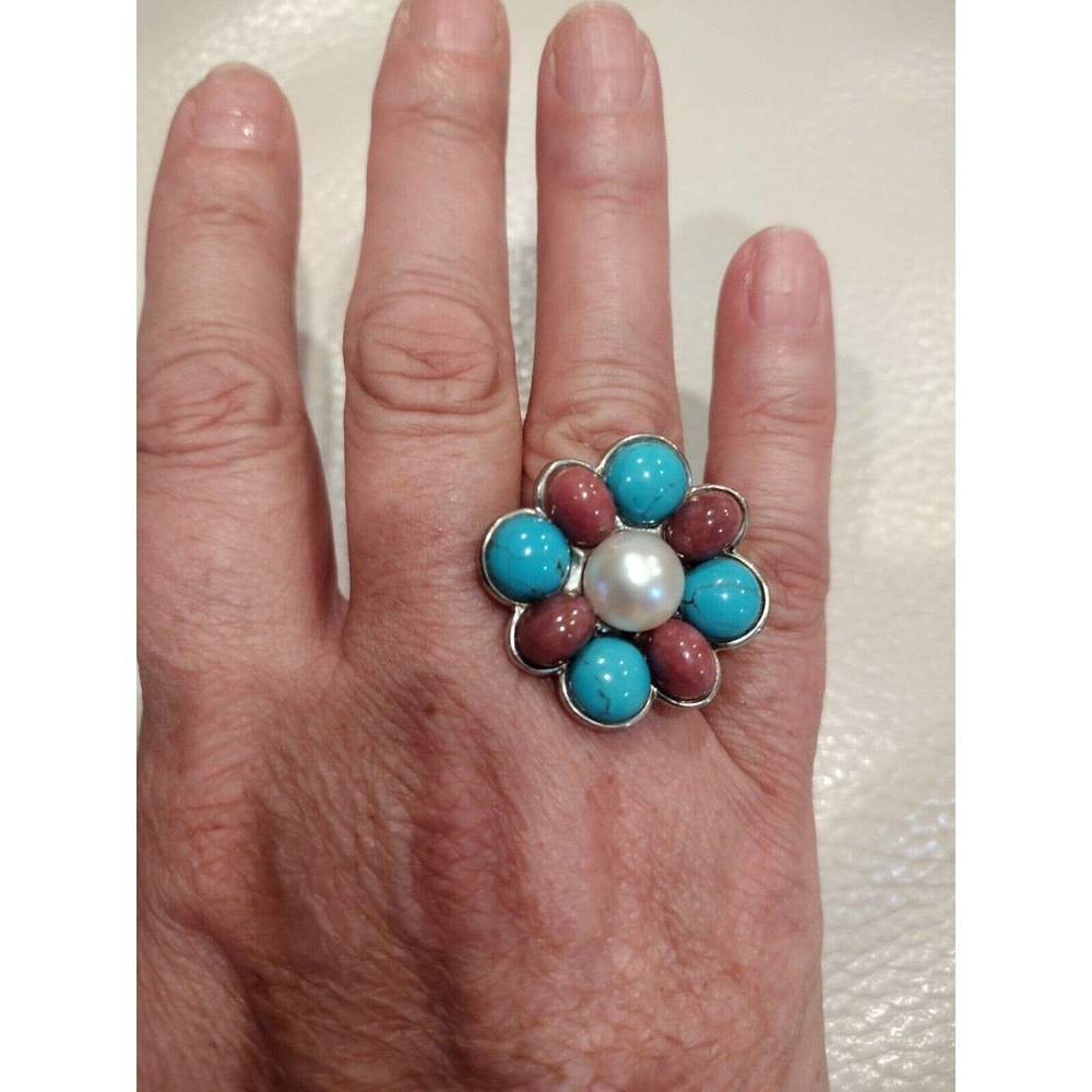 Pearl And Stone Ring Set In Sterling Silver Over 13 Grams Size 8